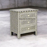 Bone Inlay Geometric Design 3 Drawers Large Bedside Table | Nightstand Table